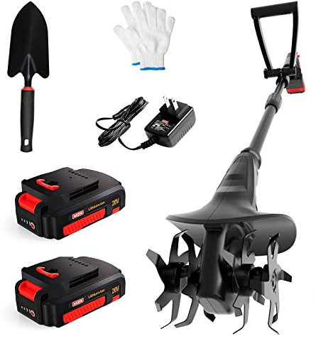 MZK 20V Cordless Tiller Cultivator with 24 Steel Tines,7.8-inch Wide Battery Powered Garden Cultivator, Mini Tiller for Gardening(2 * 2AH Battery and Charger Included)