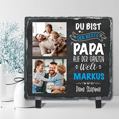 Geschenke.de Schiefertafel mit Spruch Du bist der Beste Papa. zum Aufstellen, Personalisiertes Geschenk für Väter mit 2 Fotos von den Kindern und ihren Namen, Geschenkidee zum Vatertag, Geburtsta
