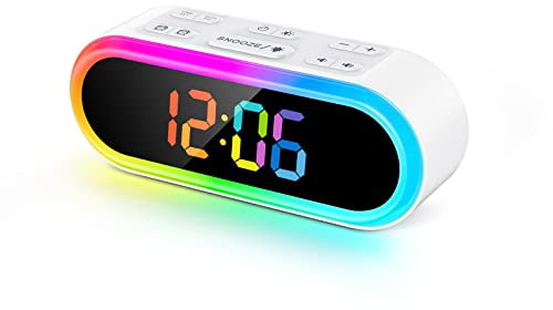 REACHER Bunter LED Wecker Digital mit 2 Weckzeiten, Buntes Nachtlicht, Dimmbar, 7 Wecktöne, Einstellbare Wecklautstärke, Wochentag, Kompaktuhr Nachttisch, Netzbetrieben, Wecker Kinder Mädchen, Jungen