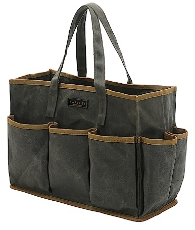Tool Tote Bag, Heavy Duty 16OZ Waxed Canvas Garden Tool Carrying Tote (Army Green), Portable 11 Pockets Tool Storage Bag | for Gardeners Electricians Handymen | 36 x 14 x 26.5cm