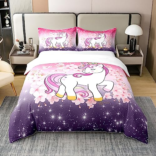 100% Baumwolle Kinder Einhorn Bettbezug 135x200,Glitter Ombre Galaxy Pastell Bettwäsche Set für Mädchen,Kirschblüten Komfortbezug,Kawaii Tier Bett Sets mit1 Kissenbezug Fantasy Ästhetik,Rosa Lila