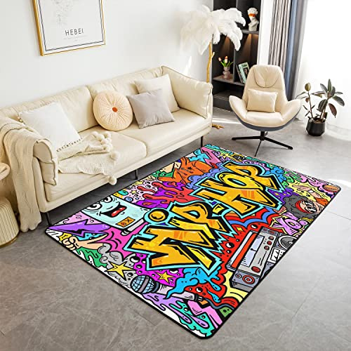 Hip Hop Dekoration, Teppich für Wohnzimmer, 150 x 200 cm, Hippie Graffiti, für Wohnzimmer, Schlafzimmer, Graffiti, Motiv: Street Culture, Grunge Art, dekorativer Teppich, Terrasse, Schlafzimmer,