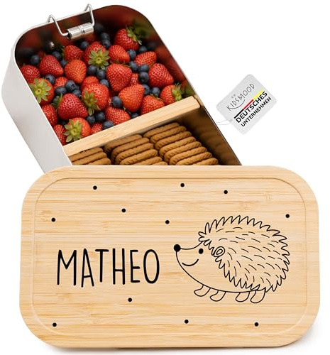 Kidsmood - Brotdose personalisiert mit Namen – Edelstahl Lunchbox mit Fächern für Kindergarten, Schule & Büro mit süßem Igel – Geschenk zur Einschulung für Kinder & Jungen (1100ml)