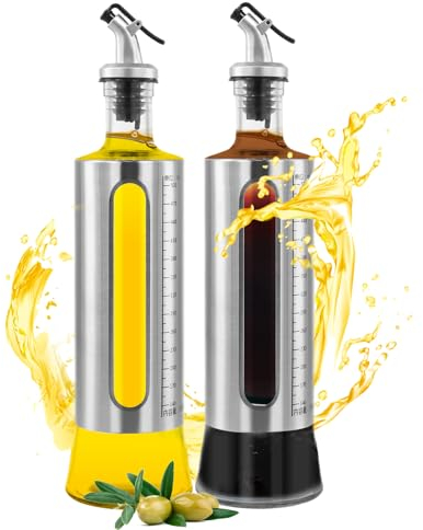 2 Pièces Bouteille Huile Verre, Distributeur de Vinaigre 500ml, Bouteille d'Huile d'Olive avec Bec Verseur en Acier Inoxydable pour Cuisine, Sauce de Soja, Barbecue, Grillades (2pcs)