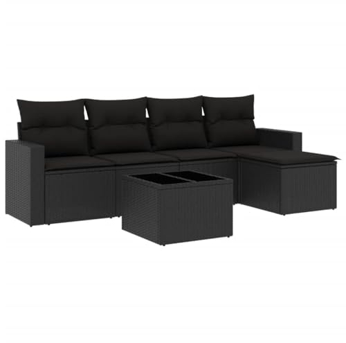 vidaXL Garten Sofa Garnitur 6-tlg., Gartenmöbel Set mit Kissen Stauraum, Sitzgruppe für Garten Terrasse, Modular Gartensofa Hocker Lounge, Tisch mit Glasplatte, Schwarz Poly Rattan