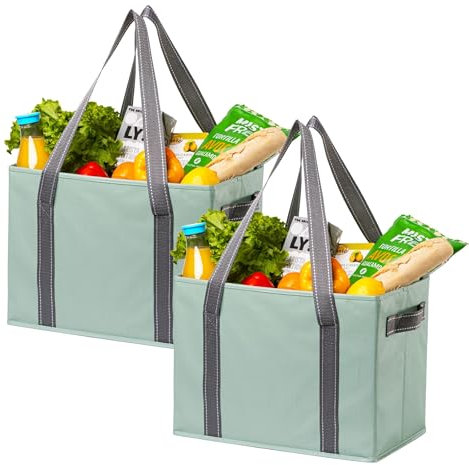 VENO 2 Pack Reusable Grocery Bags, Shopping Bags for groceries, Extra Large Utility Tote with Handles and Hard Bottom, Foldable Cart Organizer, Multi-Purpose, Heavy-Duty (Light Green Matte, 2 Pack)