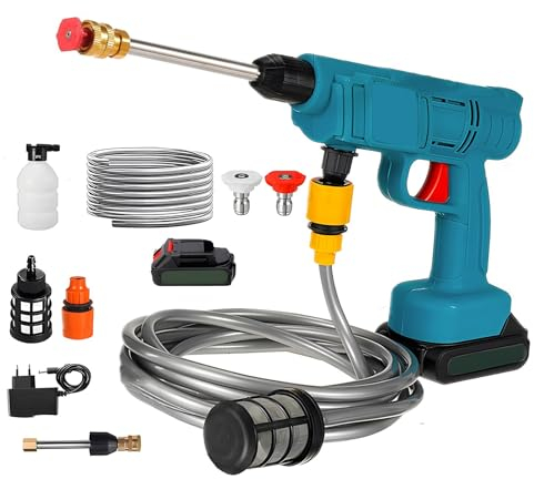Nettoyeur Haute Pression sur Batterie, 30bar Pistolet à Eau Haute Pression, 12000rpm, Nettoyeur Haute Pression Portable avec Buse Multifonction, Tuyau de 5M, pour Jardin et Voiture