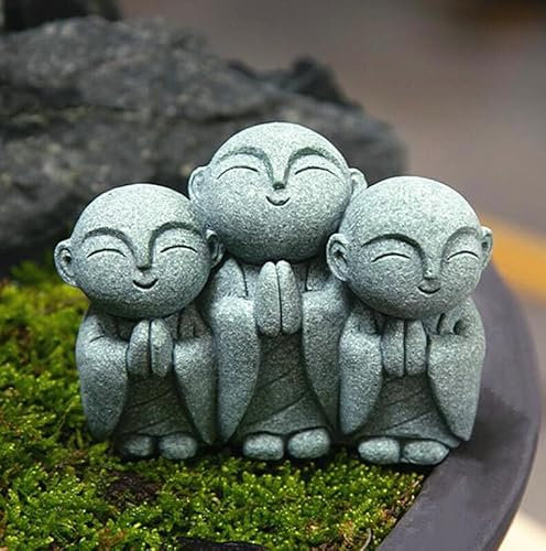 7,6 cm Skulptur Geschenke Ornament Einfacher Sandstein Home Outdoor 3 kleine Jizo Buddha Statue Kies betende Gartendekoration Grau Handwerk Kleiner Mönch
