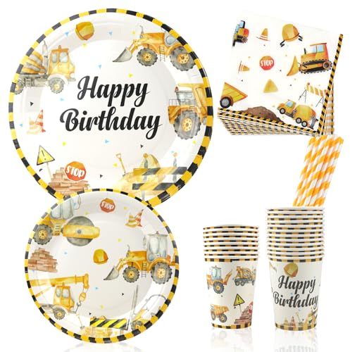 Baustellen Partygeschirr Bagger Baustelle Partyteller 100 Stück Geburtstag Geschirr Pappteller Pappbecher Servietten Set für Kindergeburtstag Party Tischdeko Zubehör für 20 Gäste