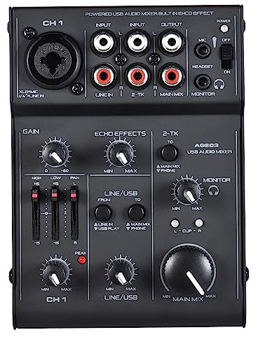 Solinder AGE03 5-Kanal Mini Mic-Line Mischpult USB Audio Interface Mixer mit eingebautem Echo-Effekt USB Verstärktes DJ Netzwerk für Aufnahme Live Streaming Karaoke