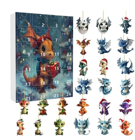 2024 Dragon Countdown Kalender | 24 Tage Weihnachten Countdown Kalender | Drachen Adventskalender 2024 | Drachen Figuren Set | Countdown Bis Weihnachtskalender Mit 2D Acryl Drachen Anhänger