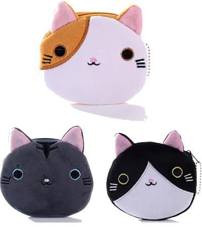 UYRVAPE 3pcs Mini chat Porte Monnaie, Portefeuille kawaii pour femmes en peluche douce, Mignon Petit Pochette Portefeuille avec Fermeture Eclair, pour Rouge à Lèvres, Coin,Carte de Crédit, Clés