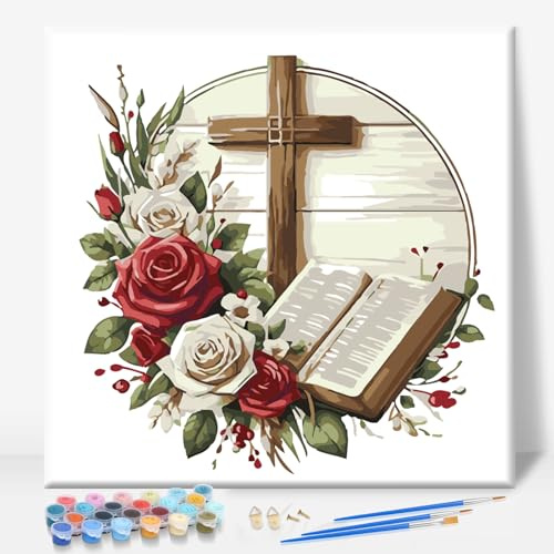 Peinture par numéros pour adultes avec cadre - Peinture par numéros facile à encadrer - Croix religieuse pour adultes - Peinture par numéros sur toile avec cadre 25,4 x 25,4 cm
