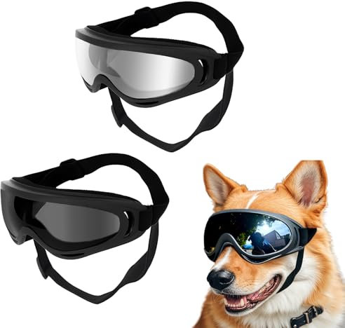 FOSDICK 2Pièces Lunette de Soleil pour Chien, Lunettes de Soleil pour Chiens, Protection UV, Sangle Réglable, Lunettes de Soleil pour Chien de Taille Moyenne Grande pour Plein Air,Voiture(Noir,Argent)