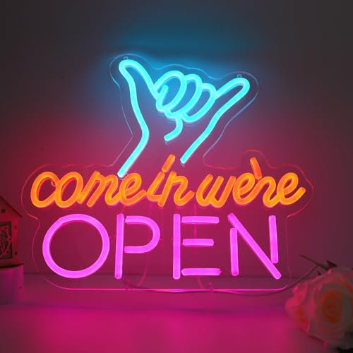 WIOSOUL Finger Open Sign Dimmable LED Neon Open Sign Light for Business, 13.78x12.2 USB Powered Double-Layer Acrylic Board Sign for Shop, Restaurants, Stores or Bars Wall Decor (Finger Open)