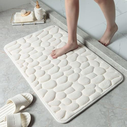 Tapis de salle de bain en mousse à mémoire de forme antidérapant motif galets absorbants avec polaire corail pour salon, toilettes, 40 x 60 cm (blanc laiteux)