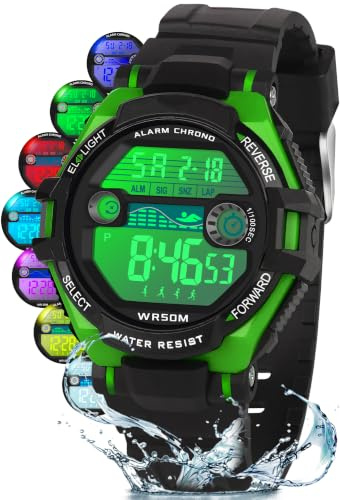 DTKID Digitale Kinderuhr Jungen Mädchen | 7-Farben-LED, Leicht zu lesenArmbanduhr Kinder mit Wecker, Stoppuhr, Datum, 5 ATM wasserdichte Outdoor Sportuhr Kinder Uhren