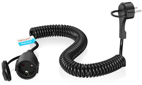 MKSENSE Spiralkabel Verlängerungskabel 10m, IP44 Schuko Spiralverlängerungskabel dehnbar von 10m Max, 3×1mm² Spiralkabel für Familie, Baustelle, Garten (250V/16A,Schwarz)