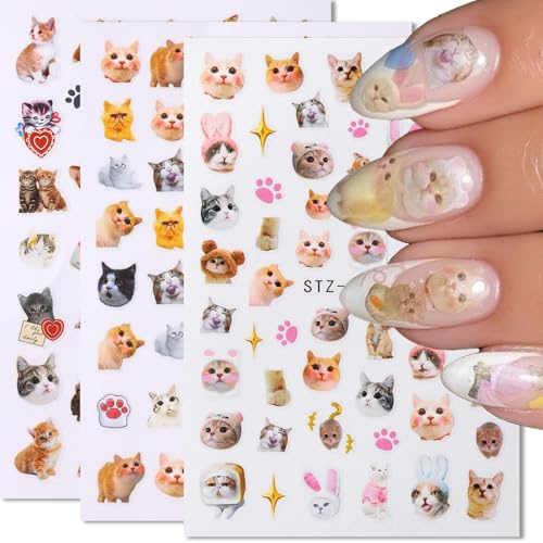 CharmeFleur Niedliche Katze Nagel Sticker 3 Blätter Herz Nagel Dekale Aufkleber Selbstklebend Sticker DIY Dekoration Handgemacht