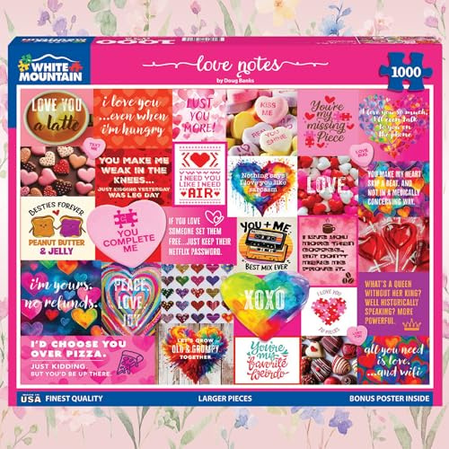 White Mountain 1000 Piece Jigsaw Puzzle Valentines Collage, Love Notes | Large Pieces, Gift for Adults and Family, 24x30 in