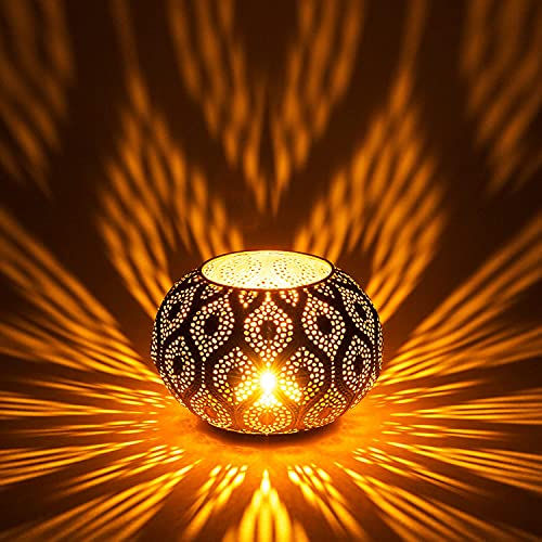 Orientalisches Windlicht Laterne orientalisch Afzal Gold Weiss Aussen 14cm | Orientalische Vintage Teelichthalter Goldfarben innen und außen | Marokkanische Windlichter aus Metall Ostern Dekoration