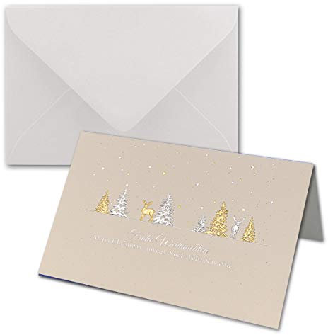 NEUSER PAPIER 100 Sets Weihnachtskarten DIN B6 ÖKO-Doppelkarten mit hochwertiger Gold-Silber Metallic-Prägung - Weihnachtswald mit Hirschen - Inklusive Umschläge in Weiß - Format 17,0 x 11,5 cm