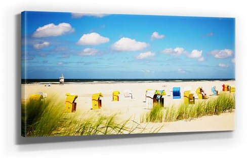 Atemberaubendes Nordsee Panorama Leinwand-Bild 120x60cm, Motiv Juist Strand-Körbe. Ein einzigartiges XXL Wandbild als Deko für Wohnzimmer, Schlafzimmer, Küche. Aufgespannt auf Holzrahmen