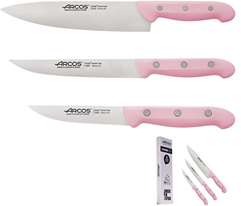 Arcos Juego Cuchillos Cocina Rosa | 3 pz | Cuchillo Chef | Cuchillo Verduras | Cuchillo de pelar | Set Cuchillos Cocina Rosa | Cuchillos Rosa | Edición Limitada | Solidaria