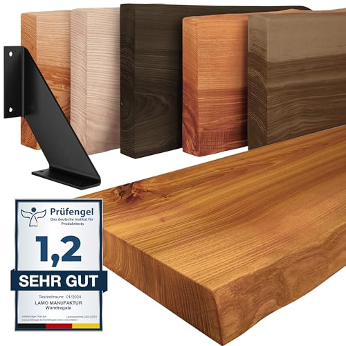 LAMO Manufaktur Wandregal Holz Baumkante | Regal Farbe: Rustikal | mit schwarzem Vintage Regalträger | 160 cm