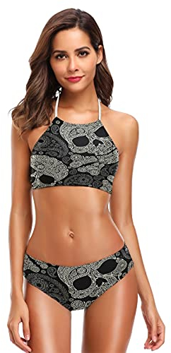 Mnsruu Day of the Dead Skull Paisely Damen Neckholder Bikini Bademode Hohe Taille Gepolstert 2 Stück Gr. M/L, mehrfarbig
