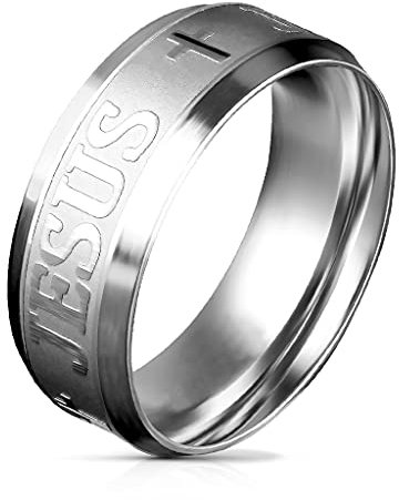 BlackAmazement 316L Edelstahl Ring Jesus und Kreuz Stufenkante Comfort Fit silber rose gold schwarz Herren Damen (Silber, 63 (20.1))