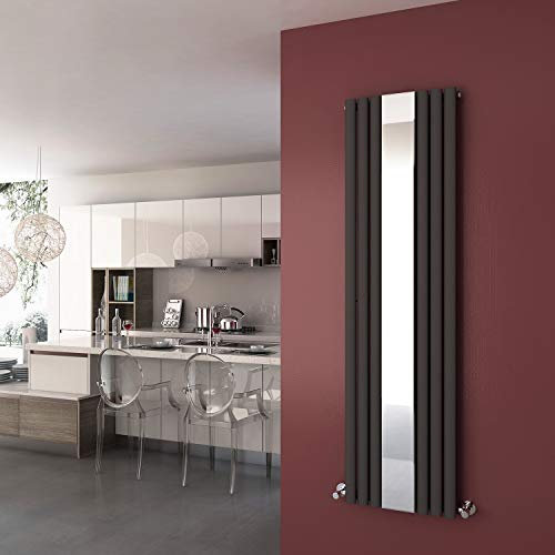 ELEGANT 1800x499mm Vertical Designer Radiators and Mirror Anthracite Tall Upright Oval Column Single Panel Modern Bathroom Central Heating Rad with Thermostatic Valves Set Anthracite