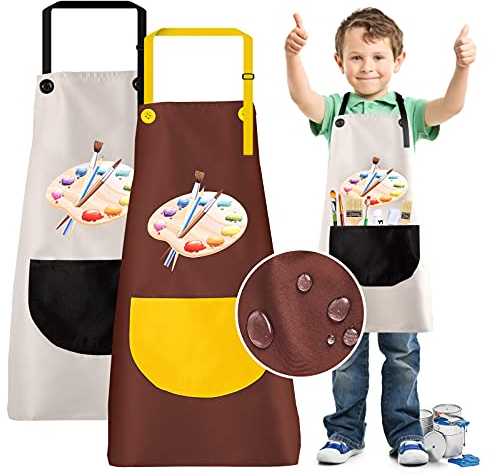 KEELYY 2 Stück Schürze Kinder Wasserdicht mit Taschen, Kochschürze Kinder Malschürze Jungen Mädchen, Verstellbare Schürzen für Malen Basteln Backen Kochen, 7-12 Jahre