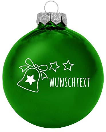 Deitert Weihnachtskugel mit Wunschtext Gravur, Ø 8cm, personalisierte Christbaumkugel aus Glas (glänzend), Individueller Weihnachtsbaumschmuck Namen oder Spruch, Glocke-Motiv, grün