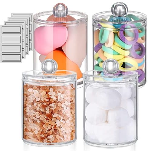 4 Stück Qtip Halter, Apothekergläser mit Deckel, Q-Tip-Halter Spender für Wattebällchen Wattestäbchen Wattepads Zahnseide – transparenter Kunststoff-Apotheker-Glas Badezimmer Jar