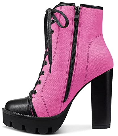 NobleOnly Mujer Alto High Heel Plataforma Redonda Punta Botines Cremallera Cordones Montar Botas Clásico Fiesta Oficina 13 CM Heels