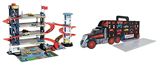 Dickie Toys 203749008 Parking Garage, Parkgarage, Spielset, Parkhaus & Cleverer Autotransporter-der 62 cm Lange LKW sorgt gleichzeitig für Ordnung&großen Spielspaß.