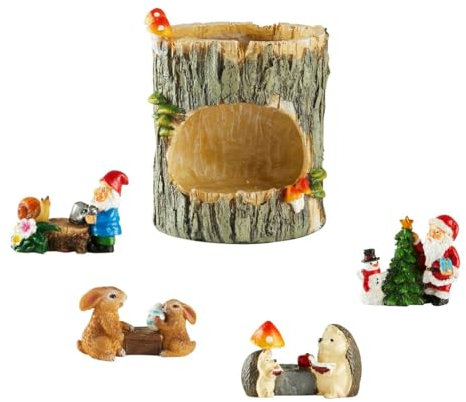 viva domo Blumentopf Vier Jahreszeiten, 5-teilig, 4 Figuren: Gartenzwerg, Osterhase, Igel, Weihnachtsmann, Pflanztopf, Baumrindenoptik, ØxH 10x12,5 cm