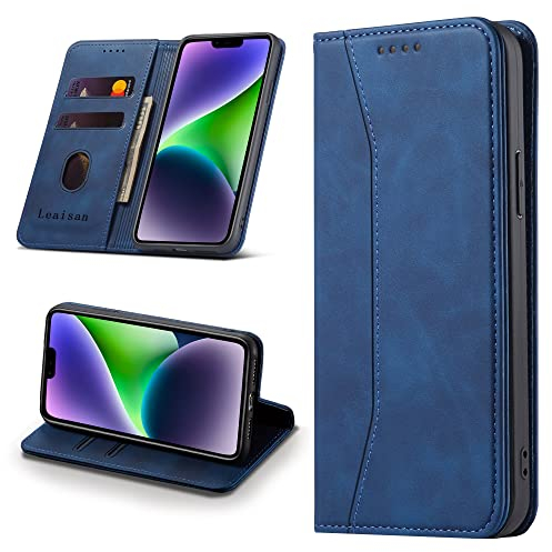Leaisan Handyhülle für iPhone 14 Hülle Premium Leder Flip Klappbare Stoßfeste Magnetische [Standfunktion] [Kartenfächern] Schutzhülle für iPhone 14 5G (6,1 Zoll) Tasche - Blau