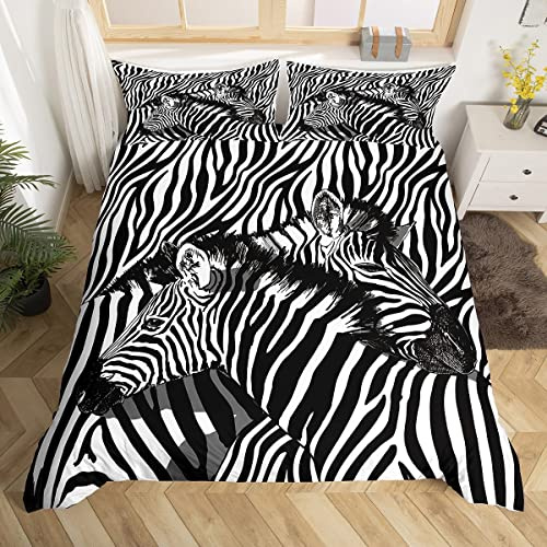 Zebra Couple Print Duvet Cover Set Single Size,Wild Animal Skin Fur Pattern Comforter Cover for Kids Boys Bedroom Gift,Black and White Stripes Bedding Set with 1 Pillowcase, Polyester