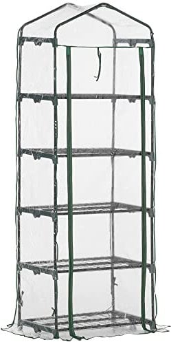 Outsunny IE Located 5 Tier Mini Greenhouse with Flower Stand, Outdoor Portable Green House Plant Shelter, Metal Frame, Transparent, 69 x 49 x 193cm