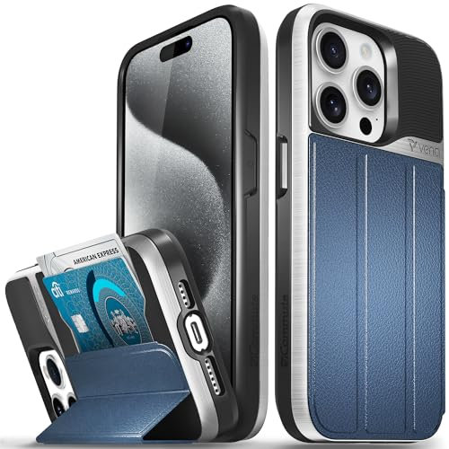 VENA vCommute for iPhone 15 Pro Wallet Case, [Military Grade Drop Protection] Flip Leather Cover Slot Card Holder with Kickstand - Blue