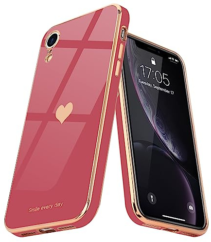 Teageo Compatibile per iPhone XR, Custodia per Cellulare Ragazze con Motivo a Cuore Carino Protezione per Fotocamera Elettrolitico Morbido Protettiva Cover per iPhone XR, Rosso Camelia