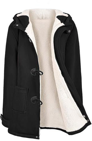 Vancavoo Hoodie Womens Long Hoodies Winter Coats Horn Button Zipper Hooded Sweatshirt Fleece Lined Warm Cardigans Casual Thicken Long Sleeves Jumper Jacket with Pockets(Black,L)