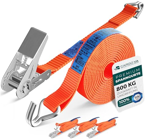 CargoVA® Lot de 4 Sangle a Cliquet Robustes de 800 kg, Certifiées TÜV/GS et DIN Sangle Arrimage, Largeur 25 mm, Sangles à Cliquer Idéales pour Les Applications Professionnelles (6 m)