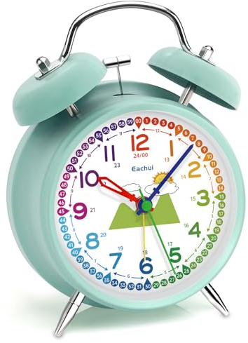 Eachui Doppelglockenwecker mit Nachtlicht, analoger Wecker für Kinder ohne Ticken, lauter Alarm, geräuschlos, batteriebetrieben, Retro-Design für Jungen und Mädchen (Grün)