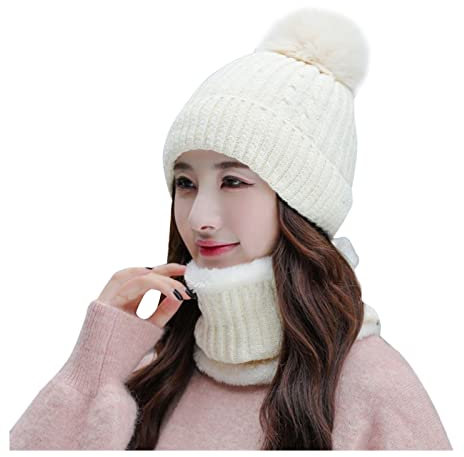Laufmütze Damen, Dick Winter Kaschmir Elegant Mützen Schal Set Knitted Stricken Cashmere Handschuhe Hut Cozy Baumwolle Loop Warm Wintermütze Kapuzenschal