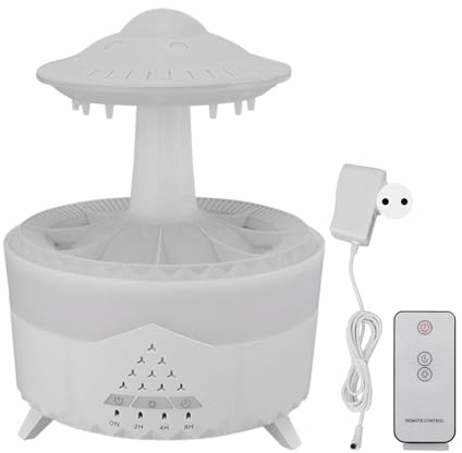 Zerodis Regentropfen-Luftbefeuchter mit Bunten Lichtern, Fernbedienung, Aroma-Diffusor für ätherische Öle, Wassertropfen-Funktion, Entspannendes Schlafgeräusch, 350 Ml (White)