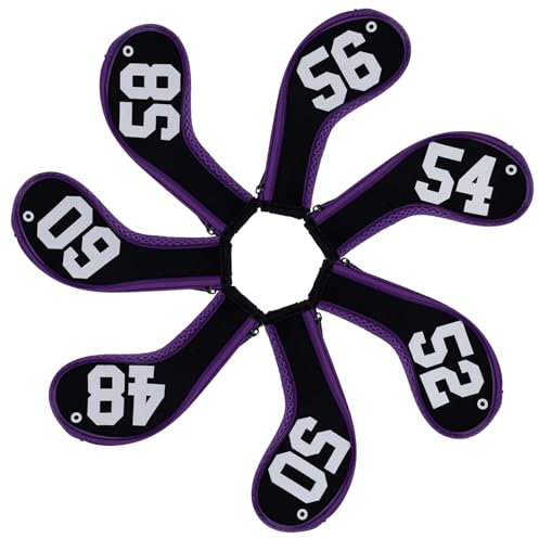 Andux 7Pack Golf Wedge Irons Club Head Covers Degree NO. on both Sides Long Neck with Zipper Black/purple