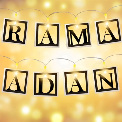 Ramadan Deko Lichterkette, 130cm Ramadan Lichterkette Dekoration,Kreative Holz Hohlbuchstaben Led Muslim Ramadan Eid Lichterkette Dekoration,Led lichterkette ramadan Innen Außen für Ramadan Dekoration